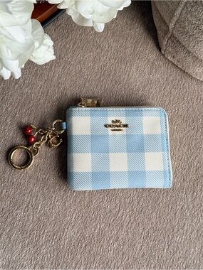 COACH Gingham Zip Wallet Keychain in Light Blue & White with Cherry Charm NWT